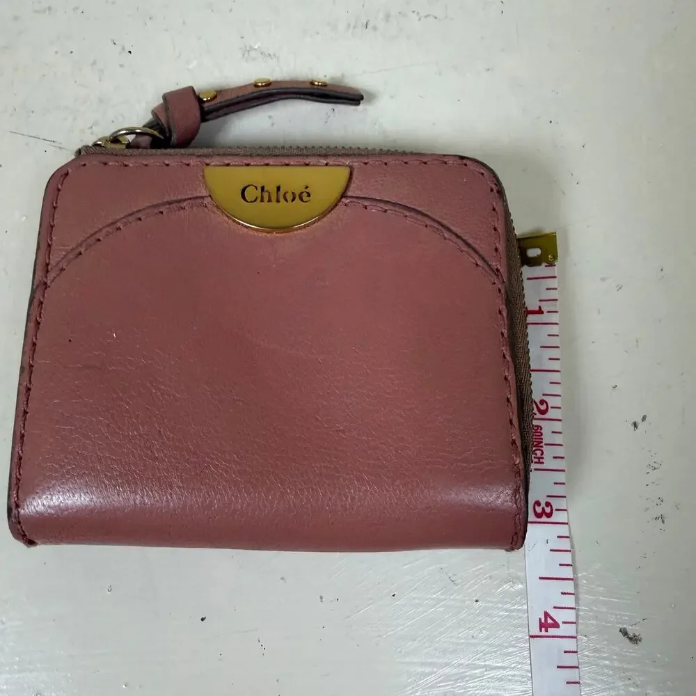 Authentic Chloe pink leather compact wallet gold toned plaque zip around closure